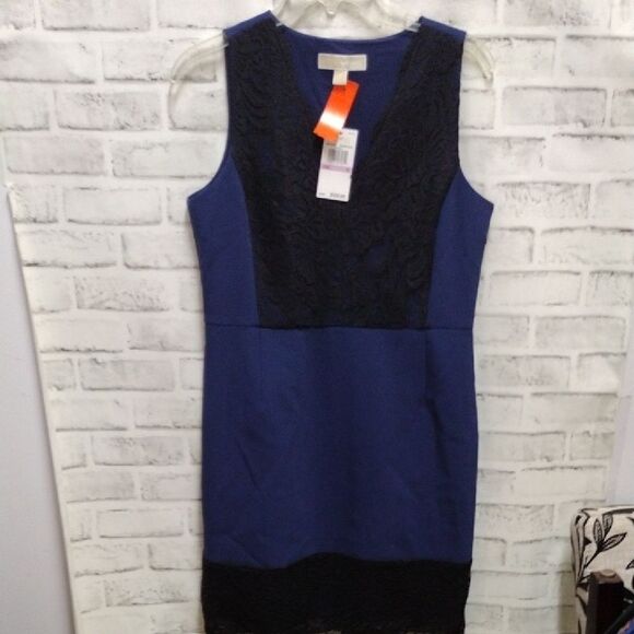 Michael Kors Navy Blue and Black Sleeveless V-Neck Sheath Dress - Picture 1 of 4